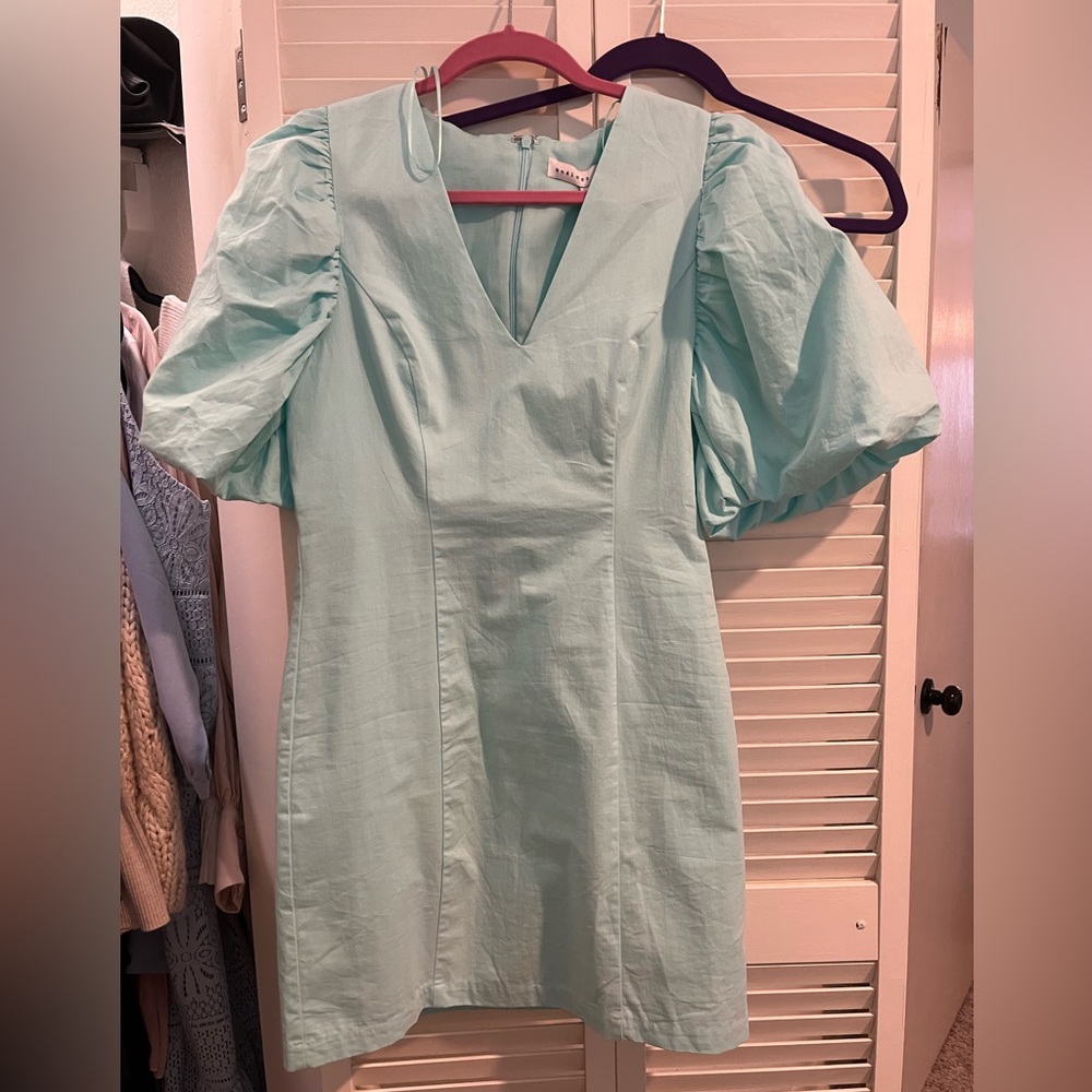 NWT mini dress with puff sleeves. Color is more turquoise than mint